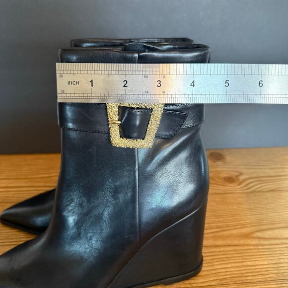 Sam Edelman Black Gold Buckle Weslie Leather Wedge Ankle Boots Womens 7 - Picture 11 of 12